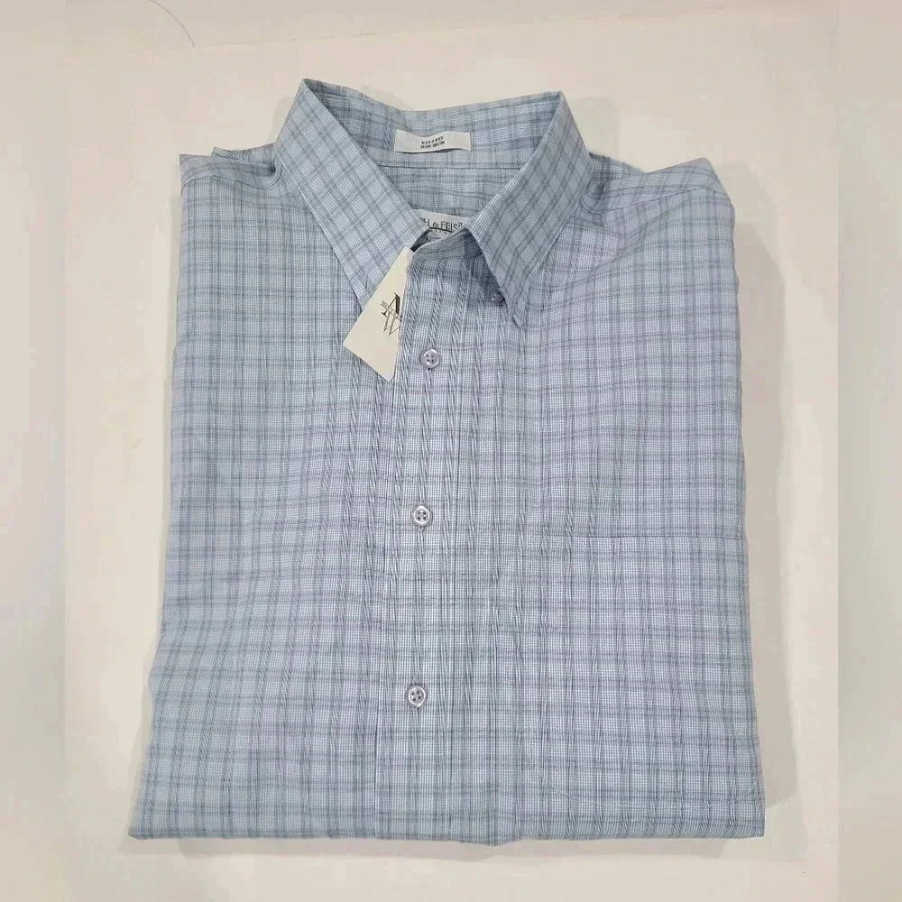 NWT Joseph & Feiss Large Cotton 80's 2 Ply Non Iron Button Up Checkered Blue‎